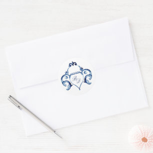 Crest Blue en white Delft Monogrammed bruiloft Ronde Sticker