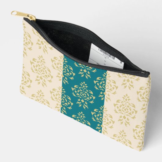 Crest Damask Pattern – Goud op Blauwgroen & Crème Etui (Open)