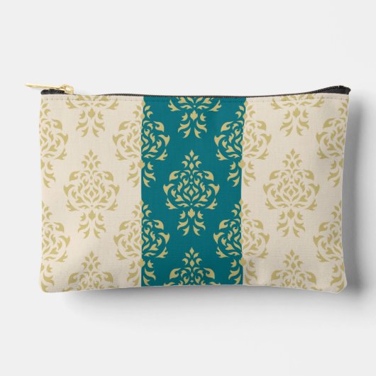 Crest Damask Pattern – Goud op Blauwgroen & Crème Etui (Voorkant)