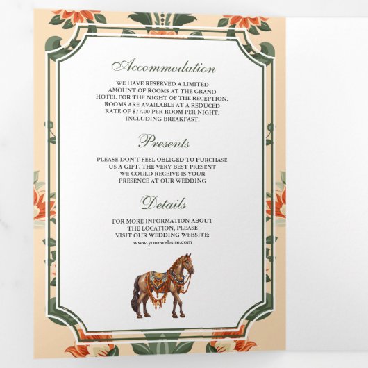  crest koninklijk paard indiase hindoe bruiloft drieluik uitnodiging (Binnenzijde eerst)