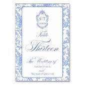 Crest Monogram Blauw Bloemend Script Dertien Kaart (Voorkant)