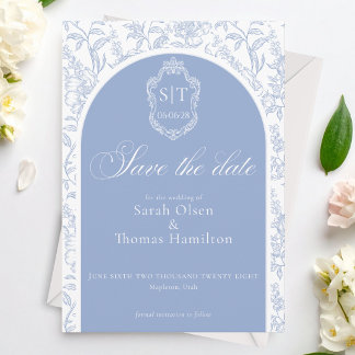 Crest Monogram Blauw Chinoiserie Bloemmotief Schre Save The Date