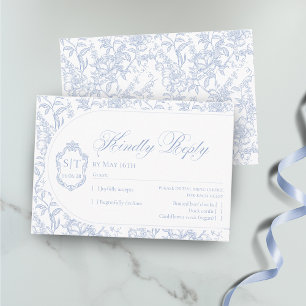 Crest Monogram Blauw en Wit Bloemenschrift RSVP Kaartje