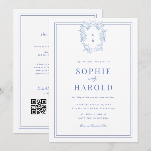 Crest Monogram Blauw Frans Alles in één bruiloft Kaart (Voorkant / Achterkant)
