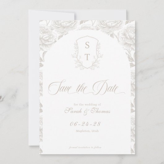 Crest Monogram Bleke Taupe Script Save The Date (Voorkant)