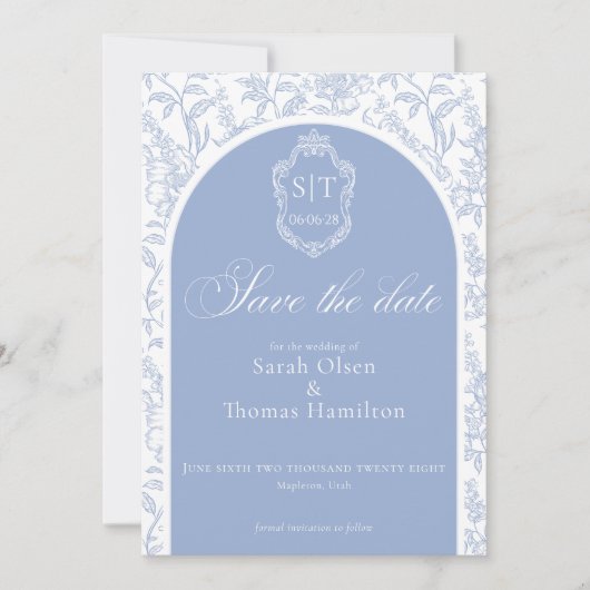 Crest Monogram Blue Chinoiserie Floral Script Save The Date (Voorkant)
