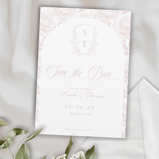Crest Monogram Blush Pink Script Save The Date
