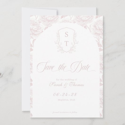 Crest Monogram Blush Pink Script Save The Date (Voorkant)