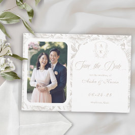 Crest Monogram Bord Taupe Script Foto Save The Date