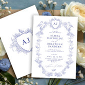 Crest monogram classic blue toile de jouy wedding kaart