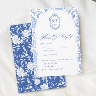 Crest Monogram Delft Blauw Bloemmotief Script RSVP Kaartje
