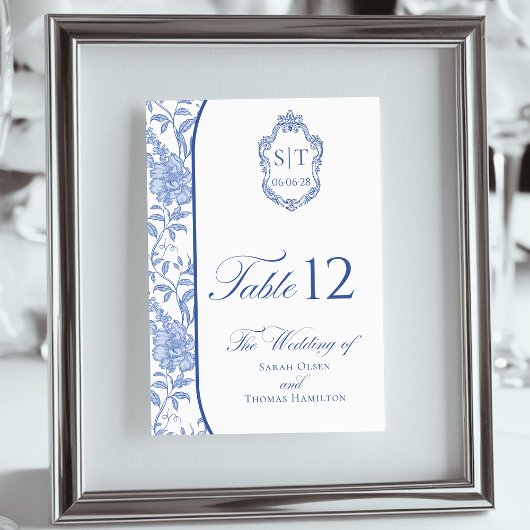 Crest Monogram Delft Blue Floral Script Kaart
