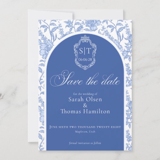 Crest Monogram Delft Blue Floral Script Save The Date (Voorkant)