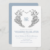 Crest Monogram Deusty Blue Wedding Invitation Kaart (Voorkant / Achterkant)