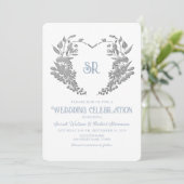 Crest Monogram Deusty Blue Wedding Invitation Kaart (Staand voorkant)