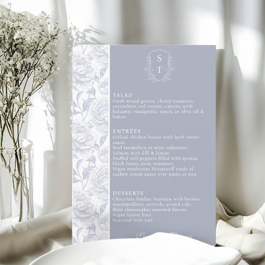 Crest Monogram Dusty Blue Wedding Menu Kaart