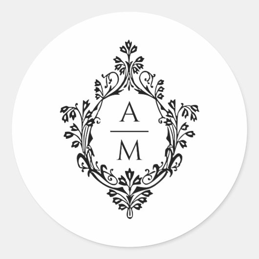 Crest Monogram Elegant Zwart-wit bruiloft Ronde Sticker (Voorkant)