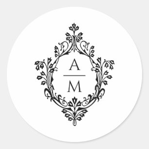 Crest Monogram Elegant Zwart Wit Trouwfeest Ronde Sticker