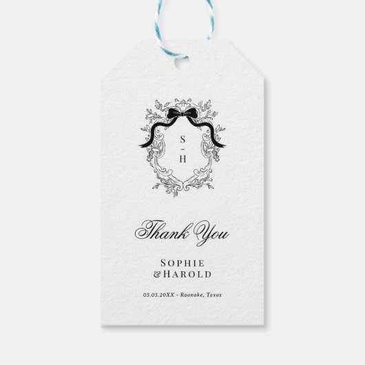 Crest Monogram Franse strik lint bruiloft Dank u Cadeaulabel (Achterkant)