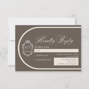 Crest Monogram Mocha En Crème Trouwdag RSVP Kaartje