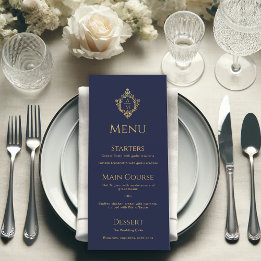 Crest Monogram Navy Blauwe Nep Goud Elegante Trouw Menu