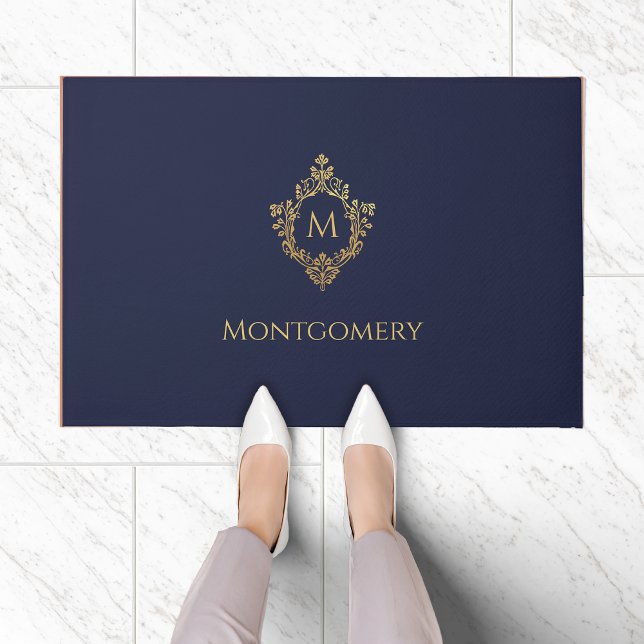 Crest Monogram Navy Blue Faux Gold Elegant Initiaa Deurmat (Creator heeft geüpload)