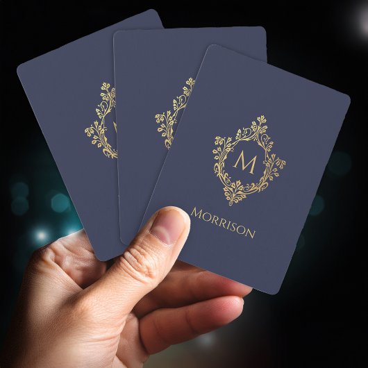 Crest Monogram Navy Blue Faux Gold  Initiaal Pokerkaarten