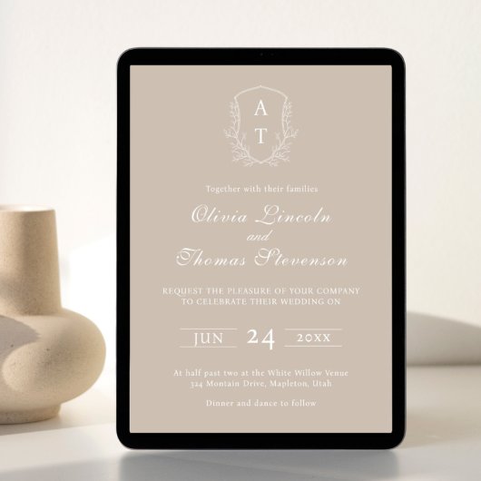 Crest Monogram Pale Taupe Faire-part de mariage
