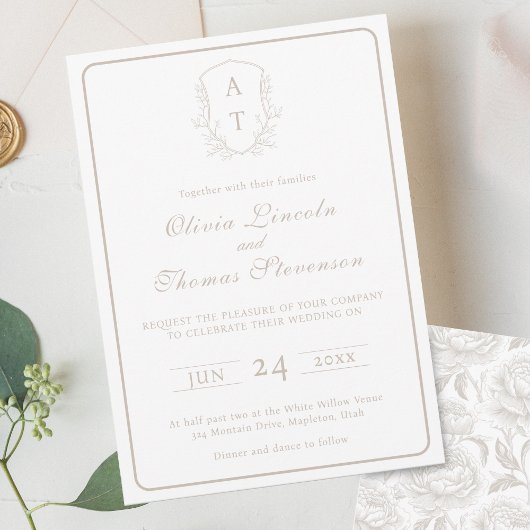 Crest Monogram Pale Taupe Faire-part de mariage