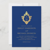Crest Monogram Royal Blue Faux Gouden folie Bruilo Kaart (Voorkant)