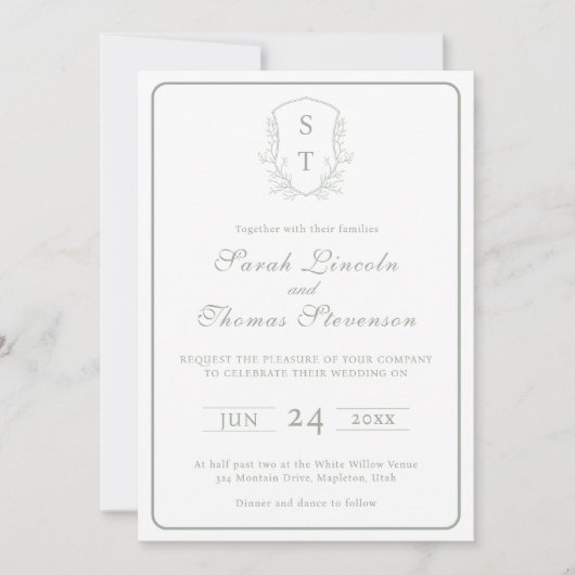 Crest Monogram Sage Green Faire-part de mariage (Devant)