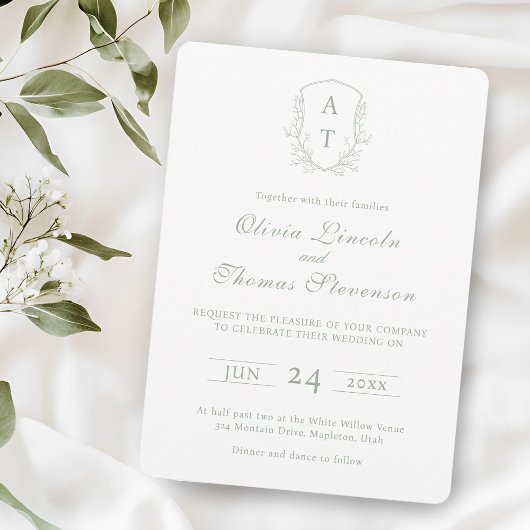 Crest Monogram Sage Green Wedding Invitation Kaart