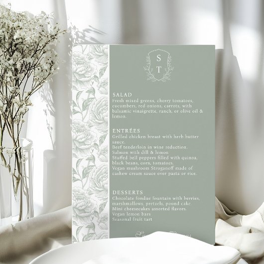 Crest Monogram Sage Green Wedding Menu Kaart