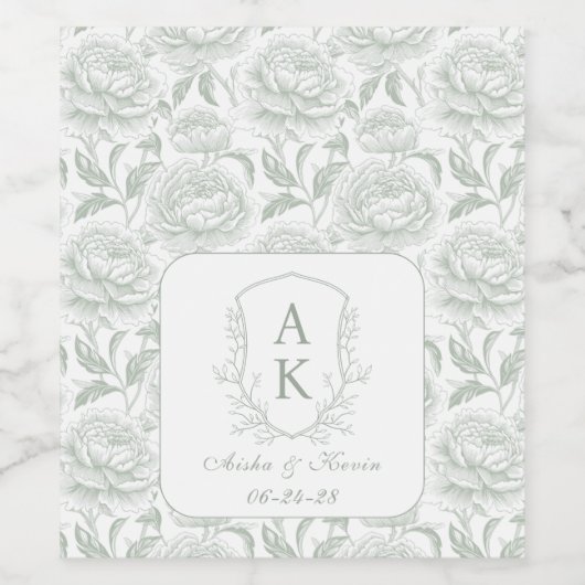 Crest Monogram Sage Groene Bruiloft Wijn Etiket (Enkel label)