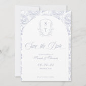 Crest Monogram Stofblauw Schrift Save The Date (Voorkant)