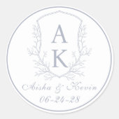 Crest Monogram Stoffig Blauw Bruiloft Ronde Sticker (Voorkant)