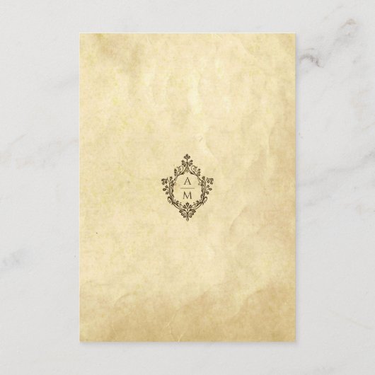 Crest Monogram Trouwdetails Oude Papier Informatiekaartje (Achterkant)