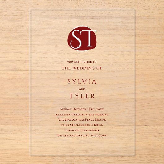 Crest Monogram Typografie Bruiloft Acryl Uitnodigingen (Voorkant)