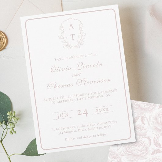Crest Monogramme rose pâle Faire-part de mariage