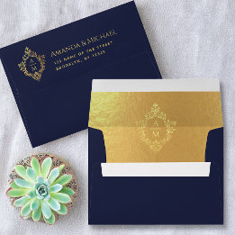 Crest Navy Blauwe Nep Gouden Vintage Trouw Monogra Envelop