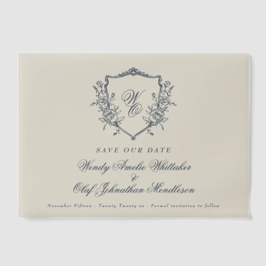  Crest Navy Cream Monogram Bewaar de datum Vellum Uitnodigingen (Voorkant)