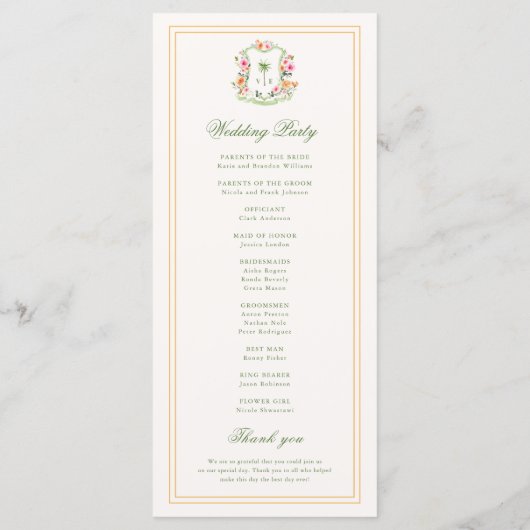 Crest Palm Tree Monogramme Programme de mariage tr (Dos)