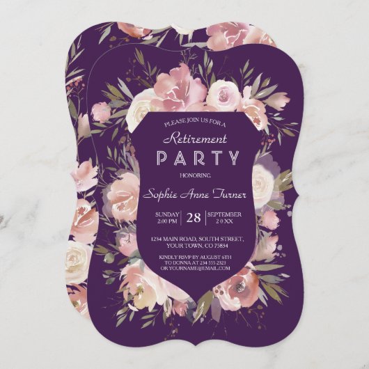 Crest Peach Peonies Paars Pink Retirement Party Kaart (Voorkant / Achterkant)