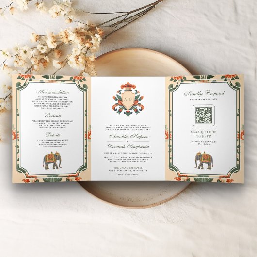 Crest Royal Elephant Indiase Hindoe bruiloft Drieluik Uitnodiging