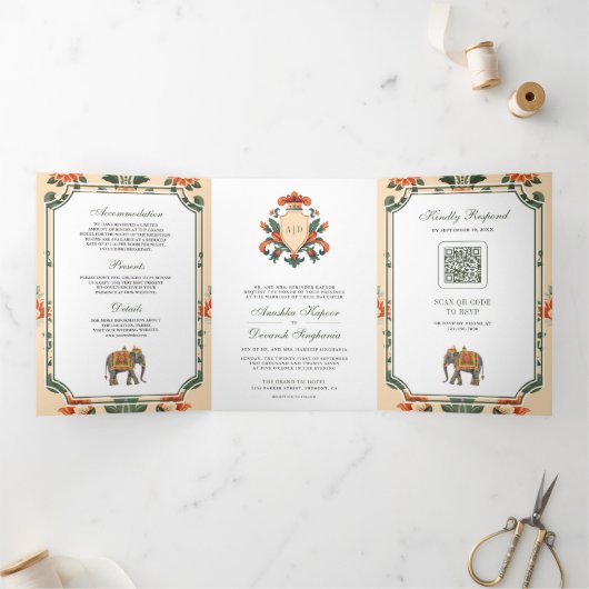  Crest Royal Elephant Indiase Hindoe bruiloft Drieluik Uitnodiging (Binnen)