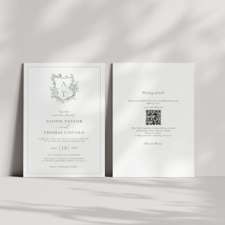 Crest Sage Groen Monogram QR Code Bruiloft Kaart