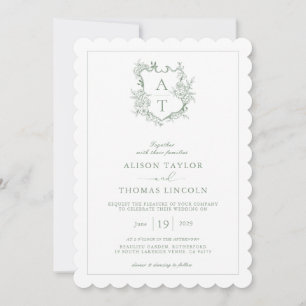 Crest Sage Groene Monogram QR Code Trouwen Kaart