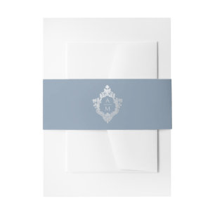 Crest Stof Blauw Zilver Elegant Vintage Monogram Uitnodigingen Wikkel