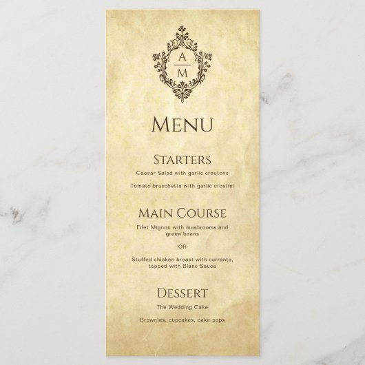 Crest Wedding Monogram  perkament Victoriaans Menu (Voorkant)