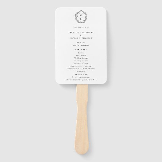 Crest zwart monogram bruiloft programma Handwaaier (Voorkant)